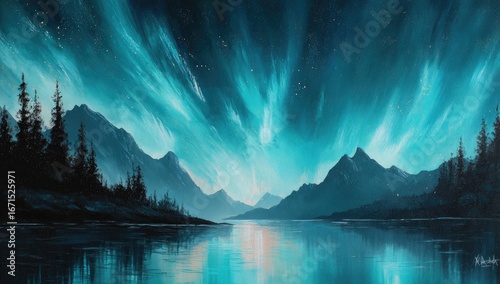 A serene, tranquil night landscape with a vibrant turquoise aurora borealis over a lake and mountains