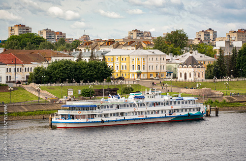 The embankment in the city of Rybinsk, the grain exchange and the berth for ships