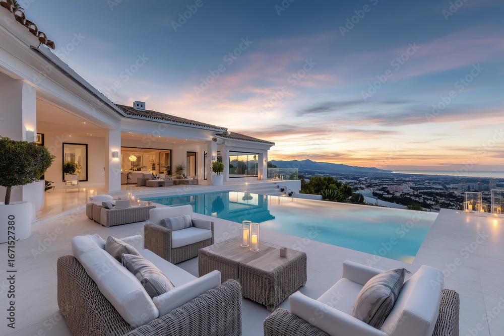 Fototapeta premium Ultra-luxury Spanish villa perched on a hillside at the end of sunset, soft golden and pink sky fading into twilight, warm candlelight glowing throughout the outdoor terrace and po