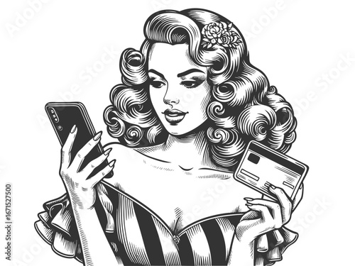 fashionable woman in a dress and high heels, holding a smartphone in one hand and a credit card sketch engraving generative ai vector illustration. Scratch board imitation. Black and white image.