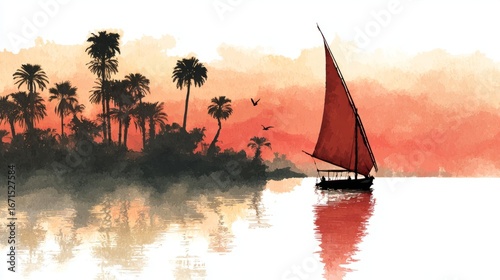 Egyptian felucca boat sailing on the Nile River at sunset