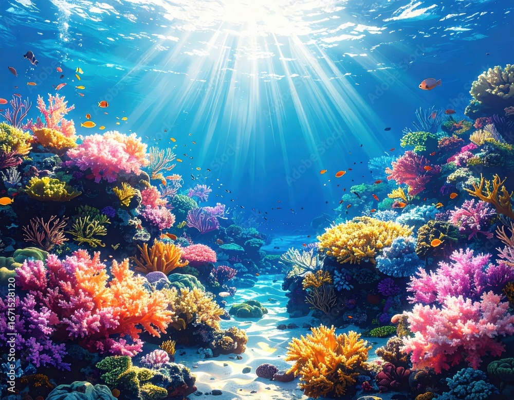 Obraz premium Coral Reef Paradise: Vibrant Underwater Ecosystem with Sunbeams