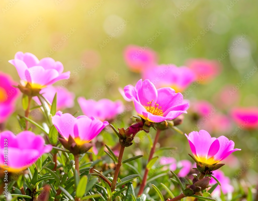 Fototapeta premium Pink Flowers Blooming in Sunny Meadow