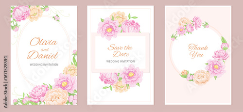 Peony wedding cards. Gentle floral invitations, pink elegance flowers, lush inflorescences, beautiful garden plants, different frames with pastel blossoms, splendid vector isolated set