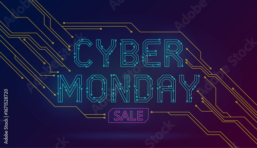 Pcb text background. Abstract technology font, cyber monday discounts, tech style backdrop, circuit letters, special offer flyer design, shopping advertising nowaday vector concept