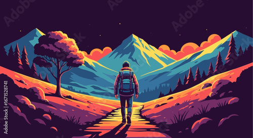 A lone hiker with a backpack walks a path towards majestic mountains during a vibrant sunset or sunrise.