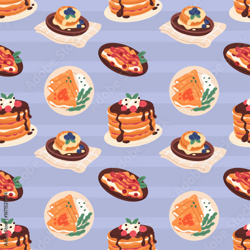 Pancakes seamless pattern. Tasty home made food, repeated hot breakfasts, fried dough with sweet or salty toppings. Textile, wrapping paper, wallpaper. Print for fabric garish vector background