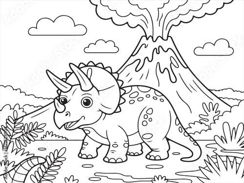 Triceratops Dinosaur with Volcano in Background – Fun Prehistoric Scene for Kids’ Coloring