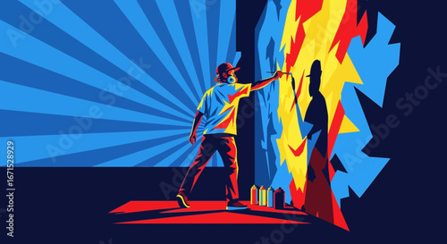 A street artist spray-paints a vibrant, colorful mural on a wall in a dynamic graphic style.