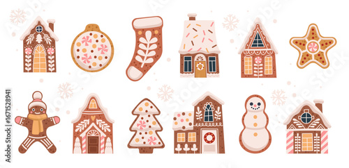 Gingerbread cookies. Homemade winter holiday sweet biscuits, painting with sweet glaze, Christmas or new year pastry, funny decor sugar bread dessert, tidy vector cartoon isolated set