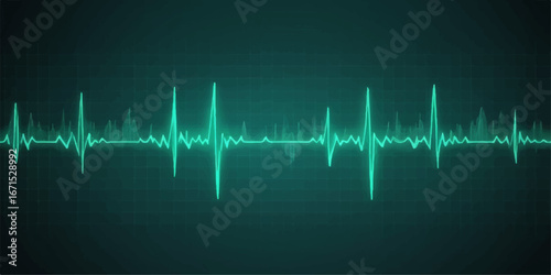 Audio wave forms a green heartbeat pulse on a medical monitor