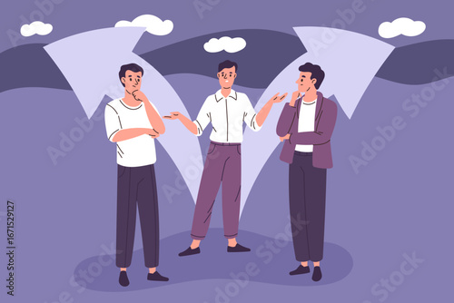 Choosing the right direction. Thoughtful men solve problem, different paths, search for option, doubts at road fork, businessmen thinking, alternative arrow garish vector cartoon flat concept