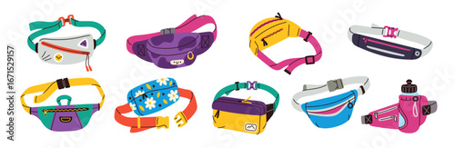 Cartoon waist bag. Funny color handbags with zippers, various casual designs, trendy prints, modern patterned accessories, carrying things travel and sport accessory garish vector isolated set