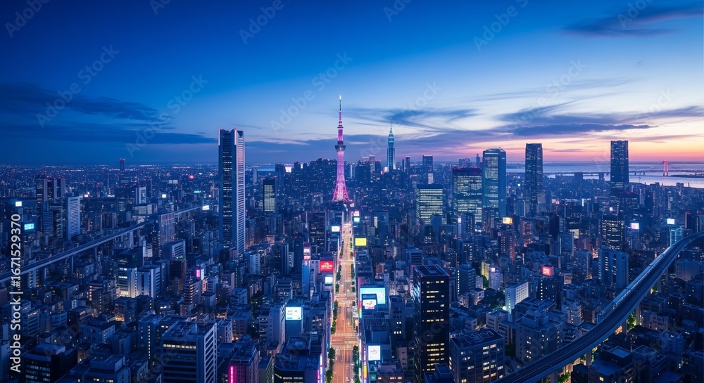 Obraz premium Illuminated Cityscape at Twilight with Skyscraper and Tower