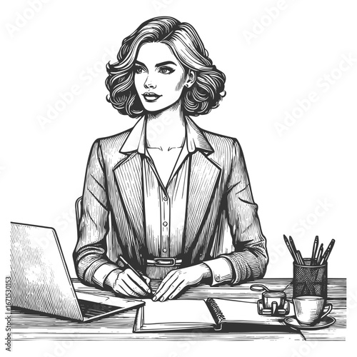 businesswoman in formal attire sitting at her desk with a laptop and office supplies sketch engraving generative ai fictional character vector illustration. Scratch board imitation. Black and white.