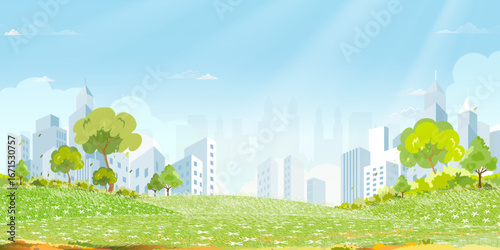 Spring sky,cloud background,Beautiful cityscape and green park,Modern building, and blue sky.Vector cartoon for Sustainable urban development,Eco friendly cities, Clean energy,green living environment