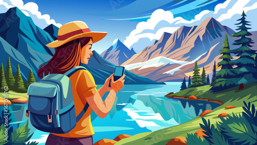 close up  portrait  Female tourist with backpack taking mobile photos of Kolsai mountain lake during summer vacation in Kazakhstan