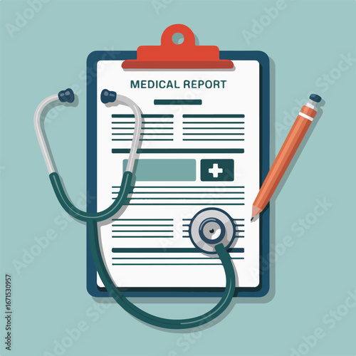 Medical report on a clipboard with stethoscope and pen for healthcare documentation