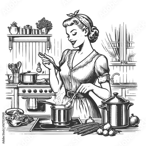 smiling woman in classic attire stirring food on a stove surrounded by pots and vegetables sketch engraving generative ai fictional character vector illustration. Scratch board. Black and white image.