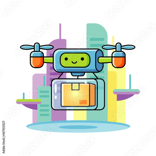 Cute delivery drone transports package safely across futuristic city with fast shipping services