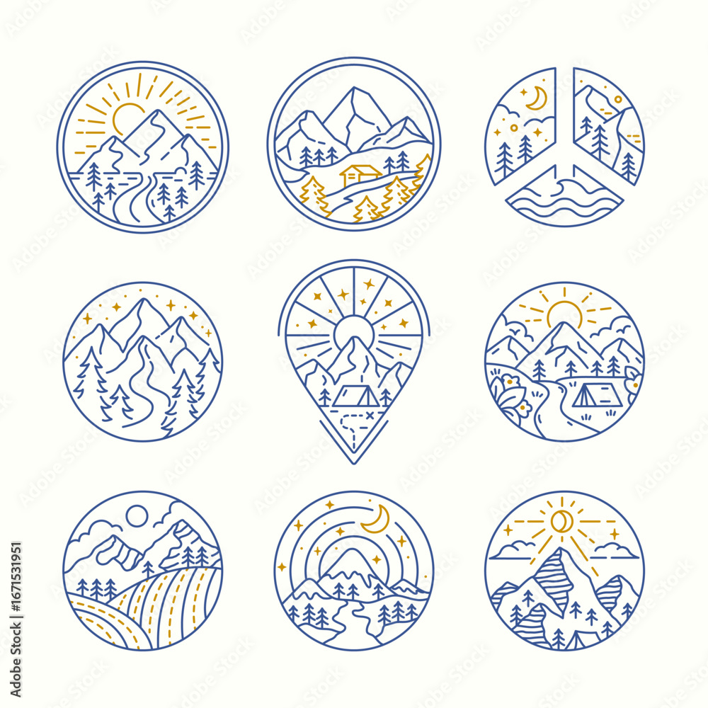 Fototapeta premium Adventure Mountain Landscape Logo Line Art, Inspiration for travel, hiking, mountaineering, made for printing, logo branding, stickers, tattoos, and more.