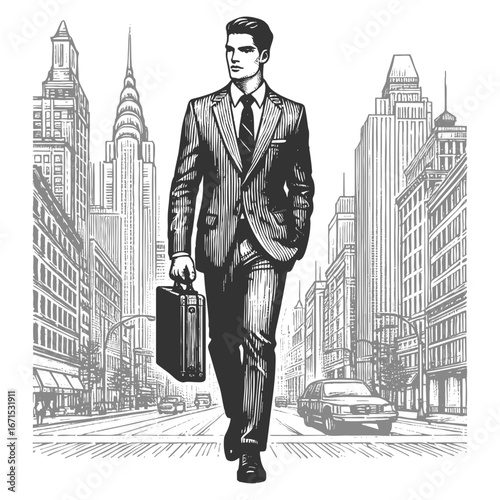 man in a suit and hat carrying a briefcase, walking in city sketch engraving generative ai fictional character vector illustration. Scratch board imitation. Black and white image.