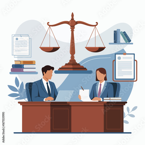 Lawyers in court with scales of justice