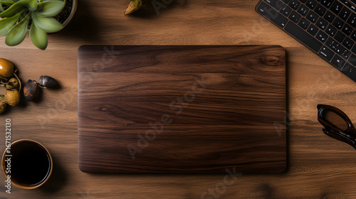 Stylish workspace flat lay with dark wood cutting board, coffee, plant, keyboard, and glasses for modern business or creative professional.