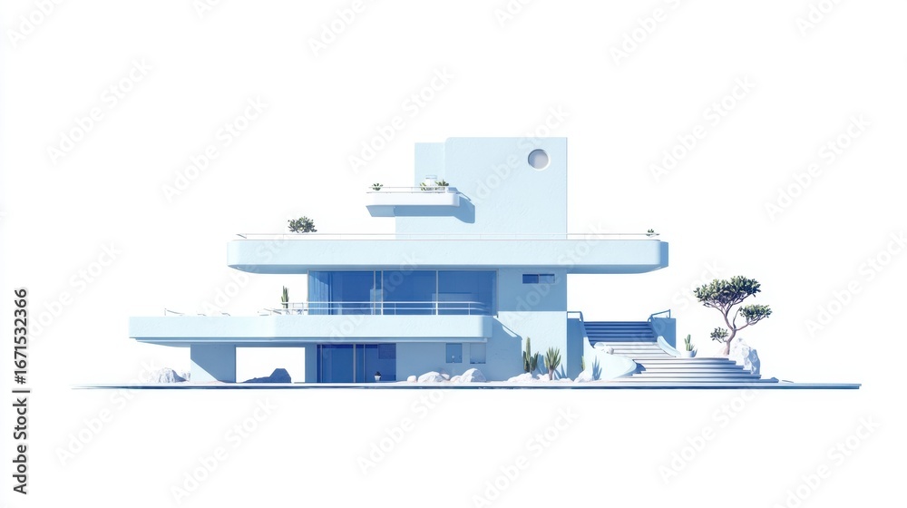 Naklejka premium Modern minimalist architectural design featuring a white building surrounded by snow and greenery against a bright sky