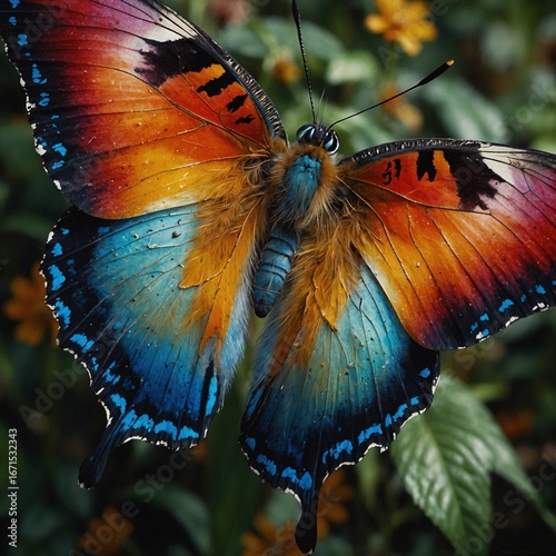 Vibrant multi-colored butterfly with stunning orange and blue wings resting on green foliage.