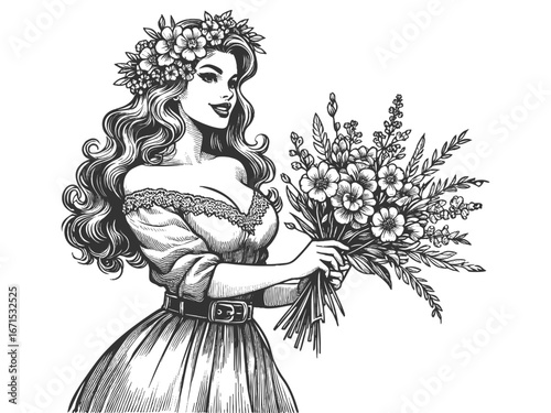 joyful woman with flowers in her hair, holding a large wildflower bouquet and smiling brightly sketch engraving generative ai fictional character vector illustration. Scratch board. Black and white.
