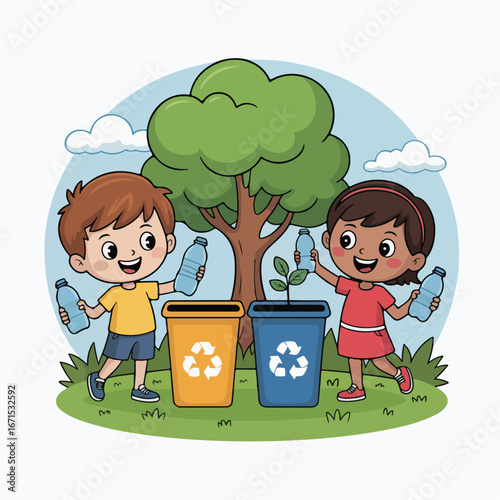 Two children are recycling plastic bottles into the correct trash bins