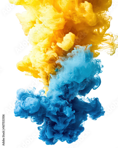 Abstract blue and yellow ink in water isolated on transparent background for design