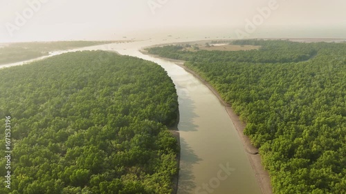 Aerial view of a river snaking through a vibrant green forest, with the river's muddy waters contrasting against the lush foliage, Sundarban, Khulna Division, Bangladesh.