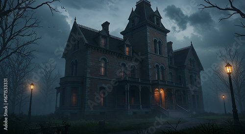 Spooky Manor House Atmospheric illustration of a historic mansion shrouded in mystery and fog