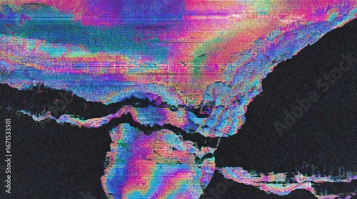 Distorted landscape with iridescent, wavy, rainbow hues against dark background