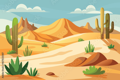 Desert with cactus and sand dunes