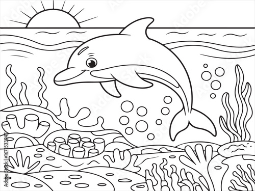 Dolphin and Coral Reef – Playful Underwater Ocean Scene for Kids to Color