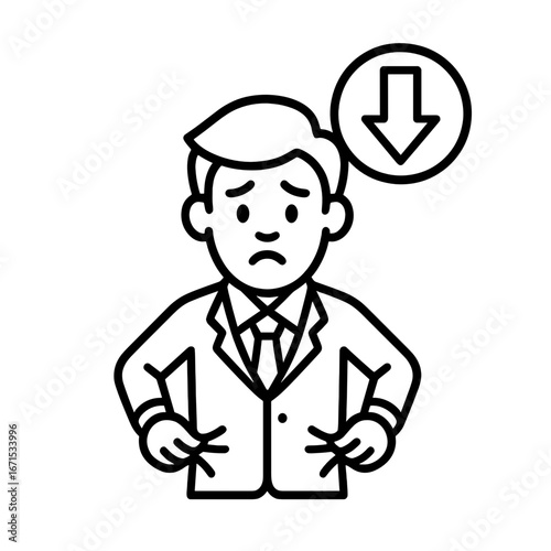 Worried businessman showing empty pockets with downward arrow symbol