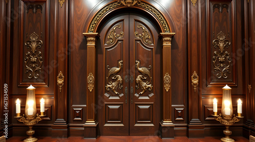 hires for wooden palace door decoration texture mahogany wood With shine golden Decorations