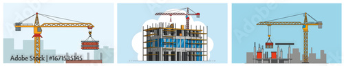 A triptych of vector illustrations charting urban development. Tower cranes are shown at various stages of construction, lifting materials to build the modern city skyline, block by block.