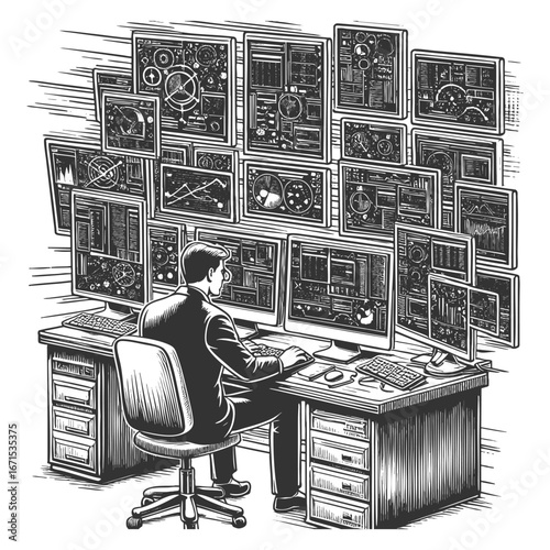 businessman sitting at a desk surrounded by multiple computer monitors, symbolizing data and technology sketch engraving generative ai vector illustration. Scratch board imitation. Black and white.
