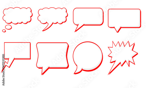 A set of eight red speech bubbles for comic designs or other purposes.