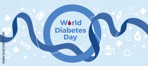 World diabetes day - Text with drop blood in blue ring circle with blue line ribbon roll waving and icons around vector design