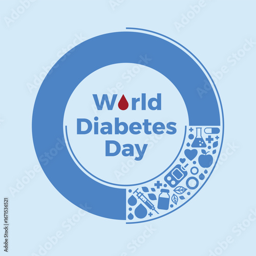 World diabetes day - Text with drop blood in blue ring circle and icon about diabetes symbol on soft blue background vector design