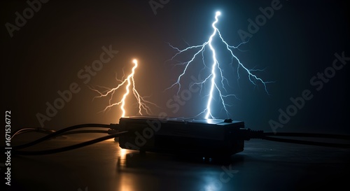 Electricity Concept Spectacular Lightning Bolts Arcing Across a Black Box Power and Energy