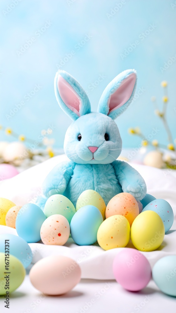 Obraz premium A light blue plush Easter bunny sits amidst a collection of pastel-colored speckled eggs on a white cloth.