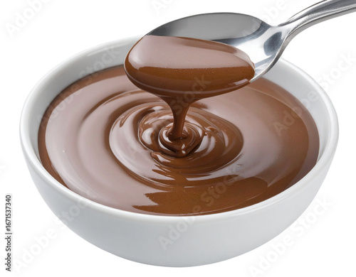  “Rich Melted Chocolate Dripping from Spoon into Bowl, isolated on transparent background”.