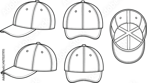 Baseball cap vector illustration set with detailed stitching, front, side, back, and inside views, blank template design for apparel, branding, fashion.
