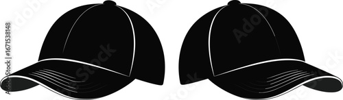 Black baseball cap illustration with curved visor, stylish sports headwear vector design, casual fashion accessory for outdoor activities, clothing detail and branding concept.